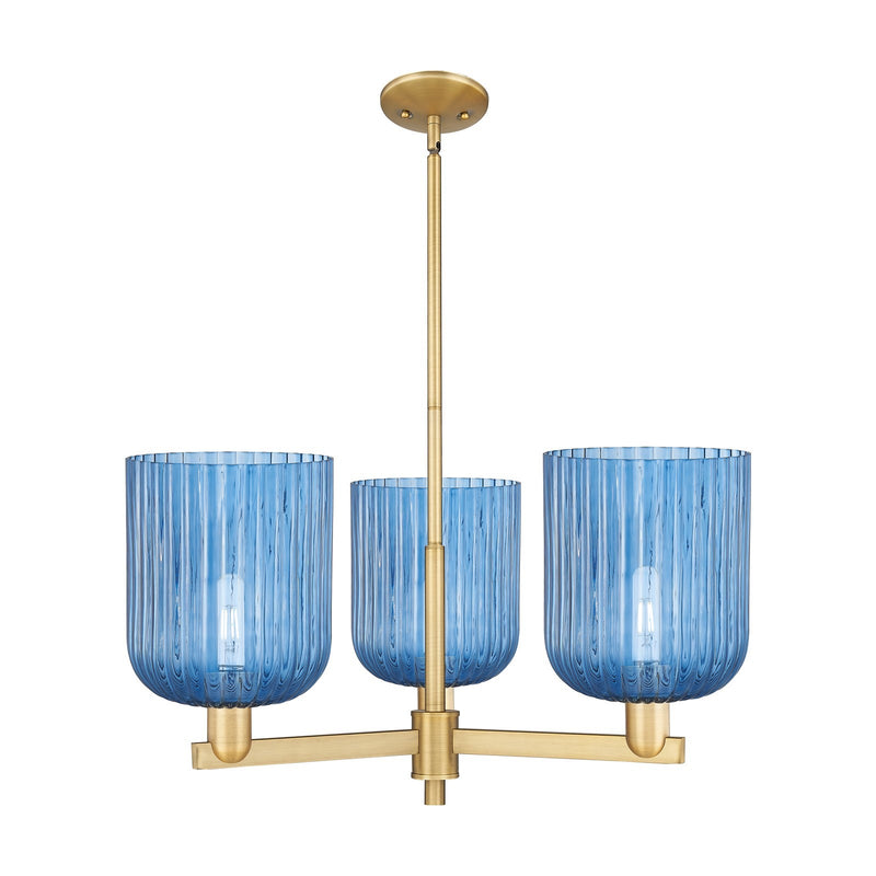 Innovations Bridal Veil 30in 3-Light Pendant | Industrial Brushed Brass Steel and Princess Blue Ribbed Glass | Kitchen Island | Model 716-3CR-BB-G559-8BL
