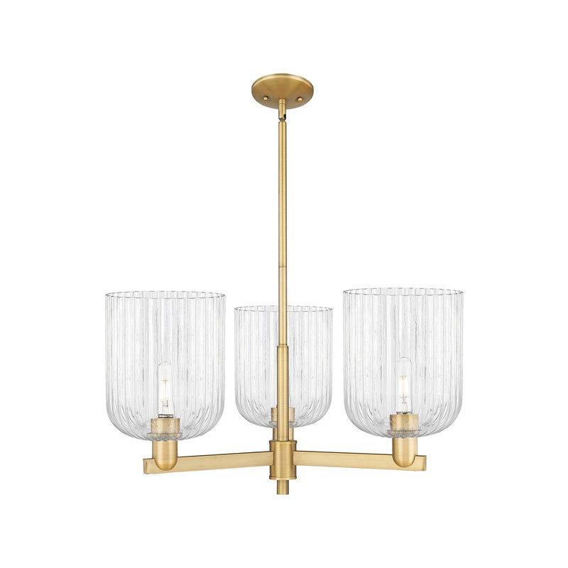 Innovations Bridal Veil 30in 3-Light Pendant | Industrial Brushed Brass Steel and Clear Ribbed Glass | Kitchen Island & Dining | Model 716-3CR-BB-G559-8CL