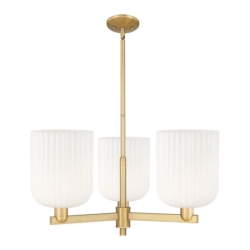 Innovations Bridal Veil 30in 3-Light Pendant | Industrial Brushed Brass Steel and Gloss White Ribbed Glass | Kitchen Island & | Model 716-3CR-BB-G559-8GWH