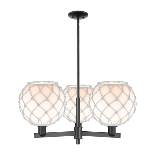 Innovations Farmhouse Rope 32in 3-Light Pendant | Industrial Matte Black Steel and White Glass with Rope | Kitchen Island & | Model 716-3CR-BK-G121-10RW