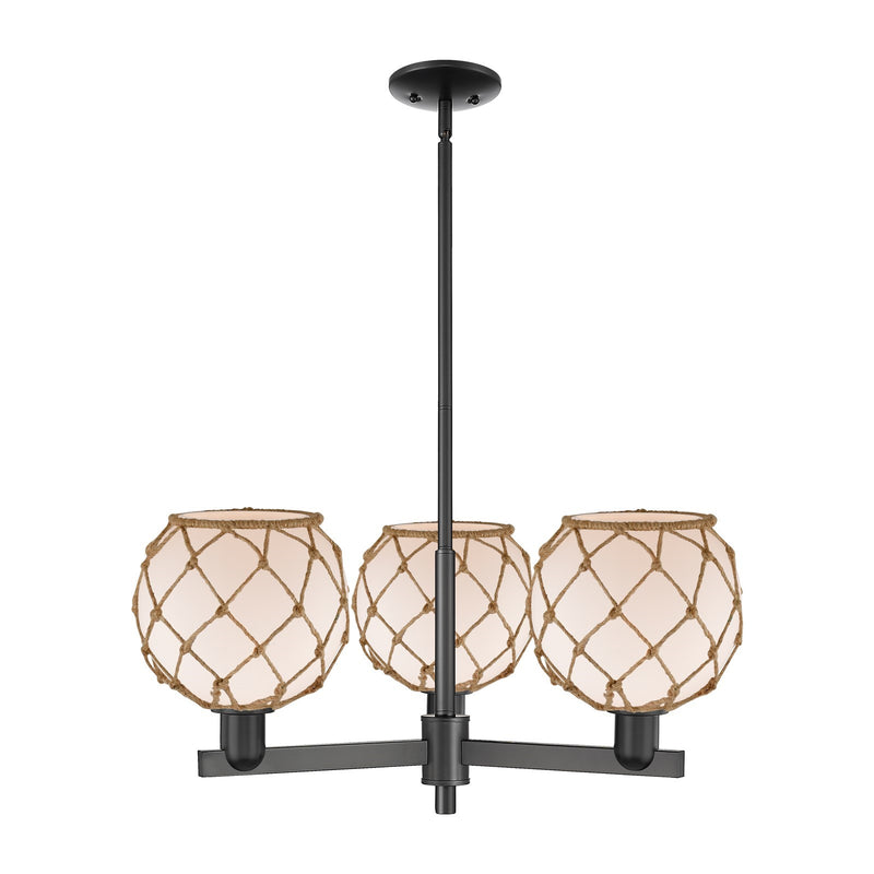 Innovations Farmhouse Rope 30in 3-Light Pendant | Industrial Matte Black Steel and White Frosted Glass with Brown Rope | Model 716-3CR-BK-G121-8RB
