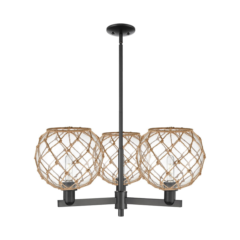 Innovations Farmhouse Rope 32in 3-Light Pendant | Industrial Matte Black Steel and Clear Glass with Brown Rope | Kitchen | Model 716-3CR-BK-G122-10RB