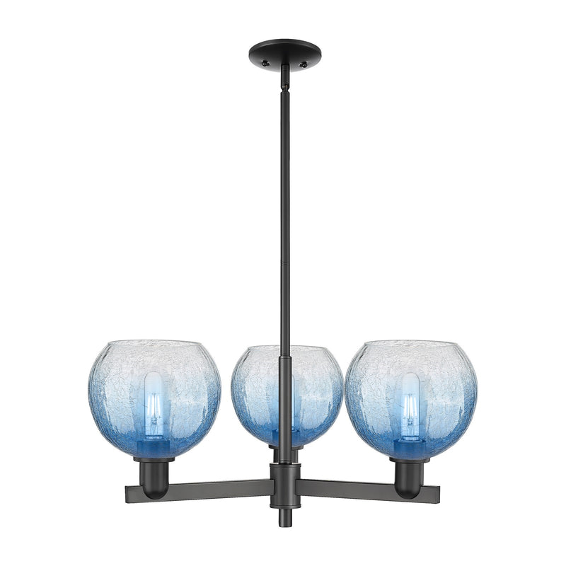 Innovations Brookhaven Globe 30in 3-Light Pendant | Industrial Matte Black Steel and Sapphire Blue Glass | Kitchen Island & | Model 716-3CR-BK-G483-8SB