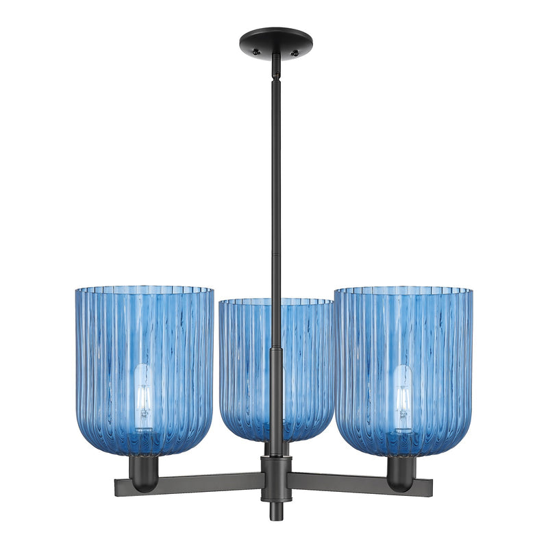 Innovations Bridal Veil 30in 3-Light Pendant | Industrial Matte Black Steel and Princess Blue Ribbed Glass | Kitchen Island & | Model 716-3CR-BK-G559-8BL