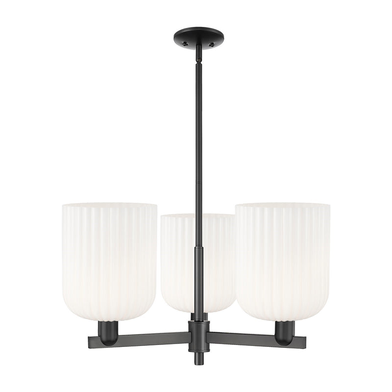 Innovations Bridal Veil 30in 3-Light Pendant | Industrial Matte Black Steel and Gloss White Ribbed Glass | Kitchen Island & | Model 716-3CR-BK-G559-8GWH