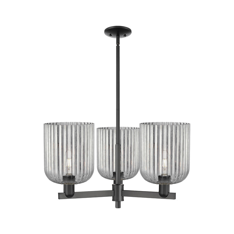 Innovations Bridal Veil 30in 3-Light Pendant | Industrial Matte Black Steel and Cast Brass with Light Smoke Ribbed Glass | Model 716-3CR-BK-G559-8SM