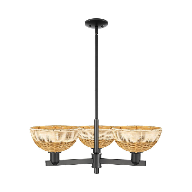 Innovations Bristol Natural II 31in 3-Light Pendant | Industrial Matte Black Steel and Cast Brass with Natural Fiber Dome | Model 716-3CR-BK-NBD2-9-NAT