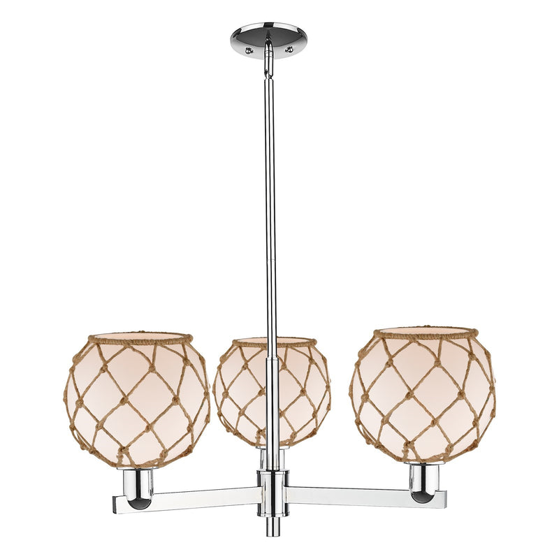 Innovations Farmhouse Rope 30in 3-Light Pendant | Industrial Polished Chrome and White Glass with Brown Rope | Kitchen Island | Model 716-3CR-PC-G121-8RB