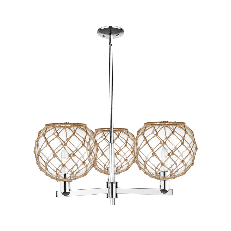 Innovations Farmhouse Rope 32in 3-Light Pendant | Industrial Polished Chrome and Clear Glass with Brown Rope | Kitchen Island | Model 716-3CR-PC-G122-10RB