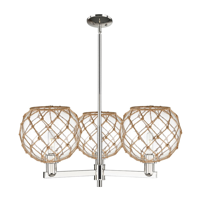 Innovations Farmhouse Rope 32in 3-Light Pendant | Industrial Polished Nickel and Clear Glass with Brown Rope | Kitchen Island | Model 716-3CR-PN-G122-10RB
