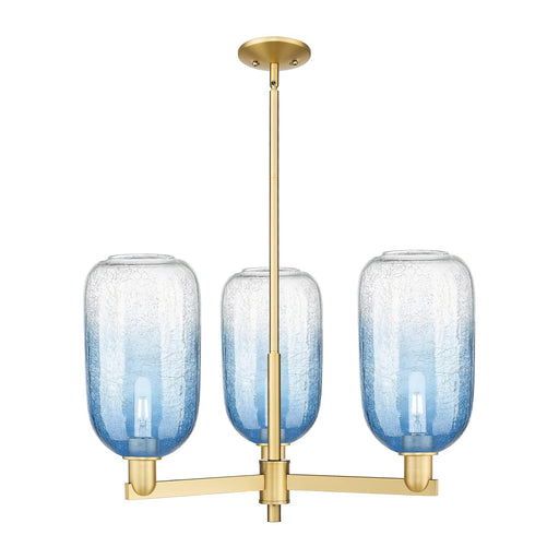 Innovations Brookhaven Cloche 28.75in 3-Light Pendant | Industrial Satin Gold Steel and Sapphire Blue Glass | Kitchen Island & | Model 716-3CR-SG-G482-7SB