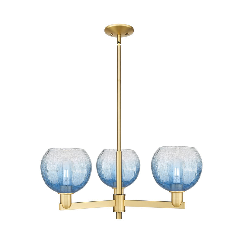 Innovations Brookhaven Globe 30in 3-Light Pendant | Industrial Satin Gold Steel and Sapphire Blue Glass | Kitchen Island & | Model 716-3CR-SG-G483-8SB
