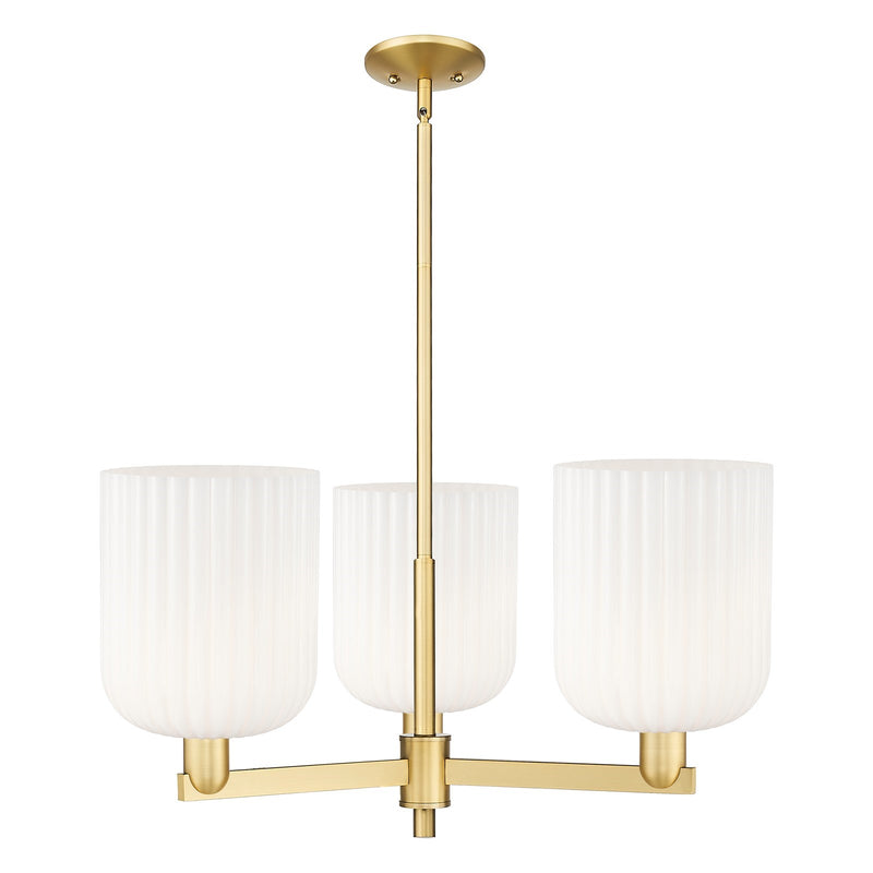 Innovations Bridal Veil 30in 3-Light Pendant | Industrial Satin Gold Steel and Gloss White Ribbed Glass | Kitchen Island & | Model 716-3CR-SG-G559-8GWH