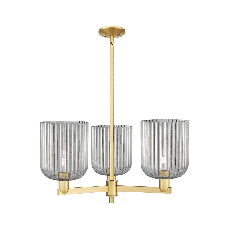 Innovations Bridal Veil 30in 3-Light Pendant | Industrial Satin Gold Steel and Cast Brass with Light Smoke Ribbed Glass | Model 716-3CR-SG-G559-8SM