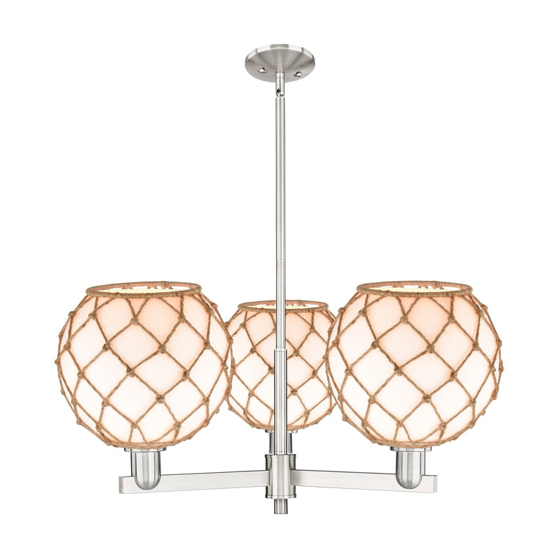 Innovations Farmhouse Rope 32in 3-Light Pendant | Industrial Satin Nickel Steel and Matte White Glass with Brown Rope | Model 716-3CR-SN-G121-10RB