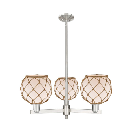 Innovations Farmhouse Rope 30in 3-Light Pendant | Industrial Satin Nickel Steel and White Frosted Glass with Brown Rope | Model 716-3CR-SN-G121-8RB