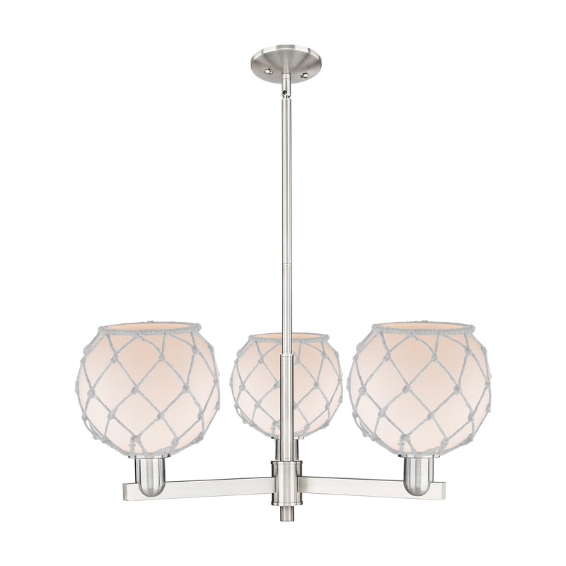 Innovations Farmhouse Rope 30in 3-Light Pendant | Industrial Satin Nickel Steel and White Frosted Glass with Rope | Kitchen | Model 716-3CR-SN-G121-8RW