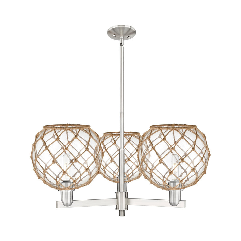 Innovations Farmhouse Rope 32in 3-Light Pendant | Industrial Satin Nickel Steel and Clear Glass with Brown Rope | Kitchen | Model 716-3CR-SN-G122-10RB