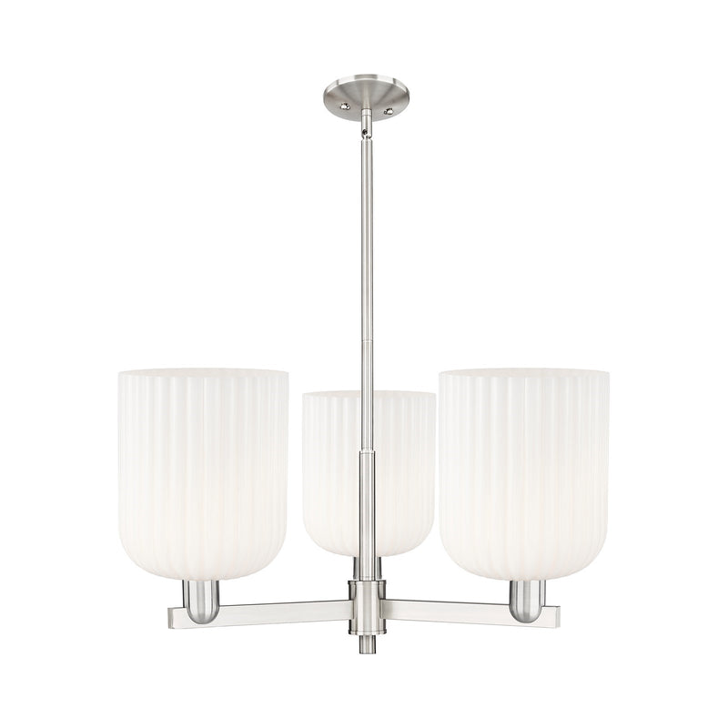 Innovations Bridal Veil 30in 3-Light Pendant | Industrial Satin Nickel and Gloss White Ribbed Glass | Kitchen Island & Dining | Model 716-3CR-SN-G559-8GWH