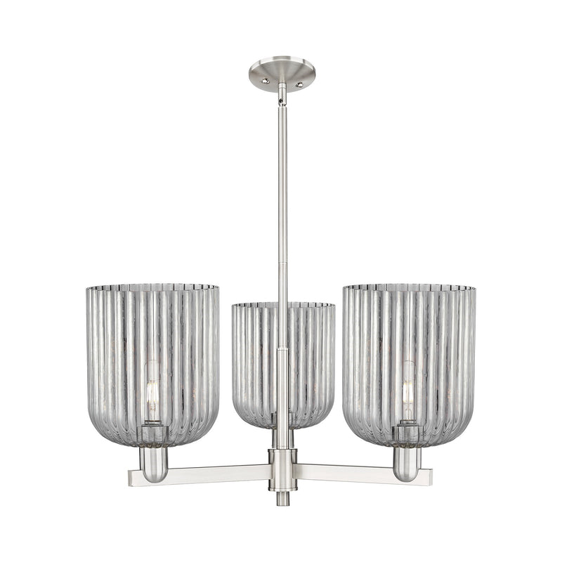 Innovations Bridal Veil 30in 3-Light Pendant | Industrial Satin Nickel Steel and Light Smoke Ribbed Glass | Kitchen Island & | Model 716-3CR-SN-G559-8SM