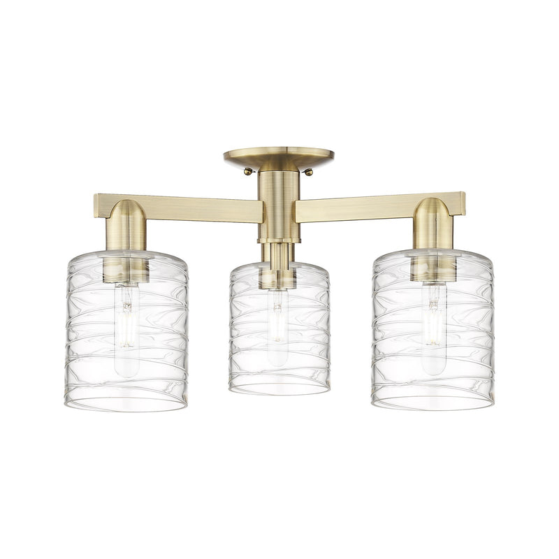 Innovations Cobbleskill 22.5in 3-Light Semi-Flush Mount | Industrial Antique Brass and Deco Swirl Glass | Damp-Rated Entryway & | Model 716-3F-AB-G1113