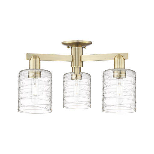 Innovations Cobbleskill 22.5in 3-Light Semi-Flush Mount | Industrial Antique Brass and Deco Swirl Glass | Damp-Rated Entryway & | Model 716-3F-AB-G1113