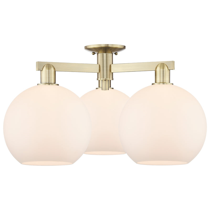 Innovations Athens 28in 3-Light Semi-Flush Mount | Industrial Antique Brass Steel and Matte White Glass | Kitchen & Entryway | Model 716-3F-AB-G121-10