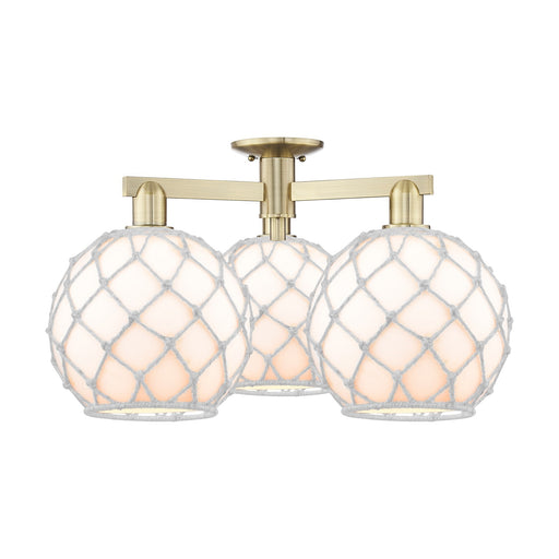 Innovations Farmhouse Rope 28in 3-Light Semi-Flush Mount | Industrial Antique Brass Steel and White Glass Rope | Kitchen & | Model 716-3F-AB-G121-10RW
