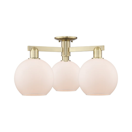 Innovations Athens 26in 3-Light Semi-Flush Mount | Industrial Antique Brass Steel and Matte White Glass | Kitchen & Hallway | Model 716-3F-AB-G121-8