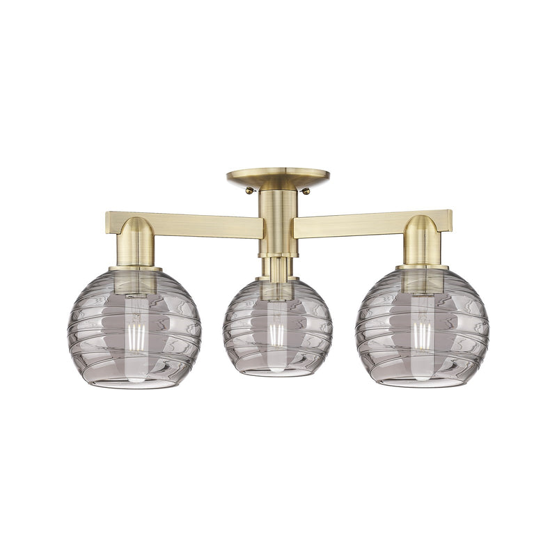 Innovations Athens Deco Swirl 23in 3-Light Semi-Flush Mount | Industrial Antique Brass Steel and Light Smoke Glass | Model 716-3F-AB-G1213-6SM