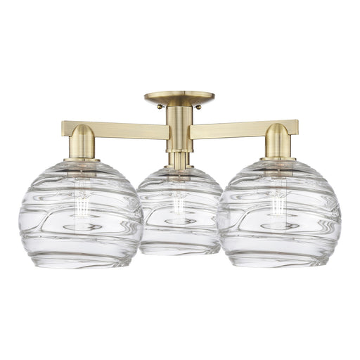 Innovations Athens Deco Swirl 26in 3-Light Semi-Flush Mount | Industrial Antique Brass Steel and Clear Deco Swirl Glass | Model 716-3F-AB-G1213-8CL