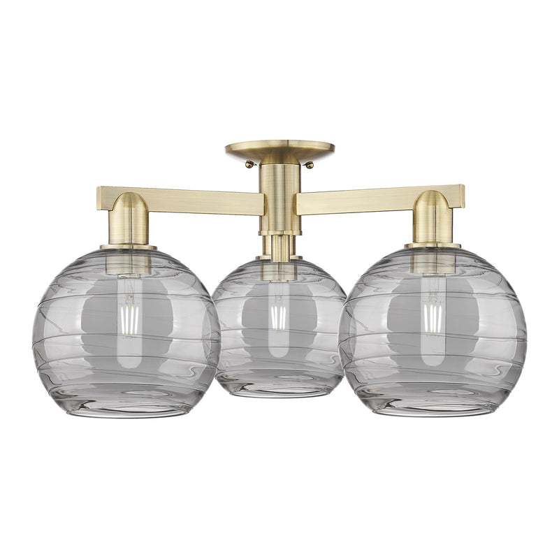 Innovations Athens Deco Swirl 26in 3-Light Semi-Flush Mount | Industrial Antique Brass and Light Smoke Glass | Living Room & | Model 716-3F-AB-G1213-8SM