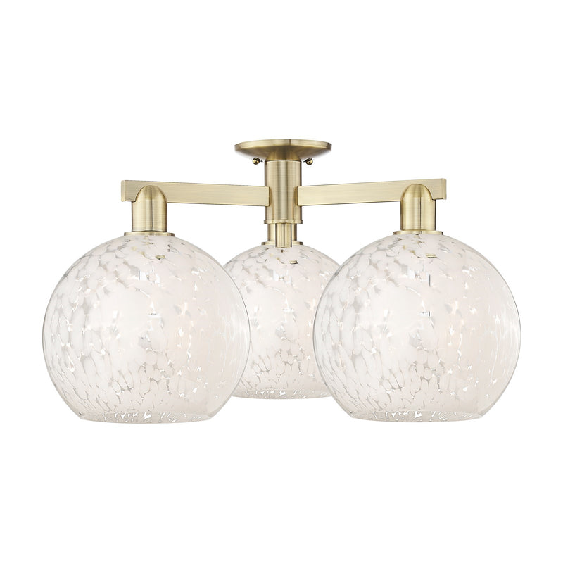 Innovations Lighting Arcadia 28in 3-Light Semi-Flush Mount | Industrial Antique Brass and White Mouchette Glass | Entryway & | Model 716-3F-AB-G1216-10WM