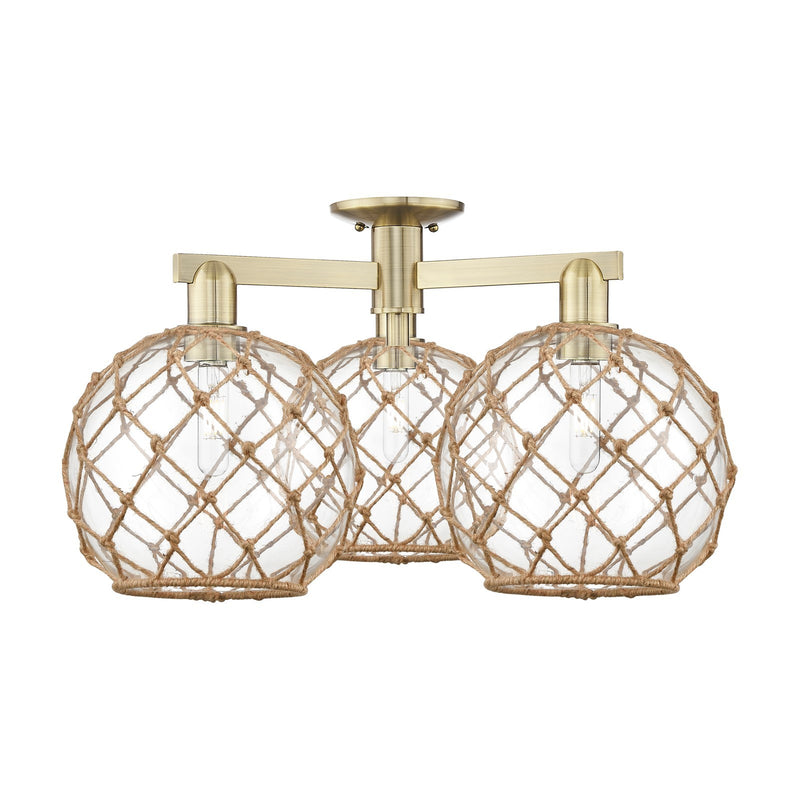 Innovations Farmhouse Rope 28in 3-Light Semi-Flush Mount | Industrial Antique Brass Steel and Clear Glass with Brown Rope | Model 716-3F-AB-G122-10RB