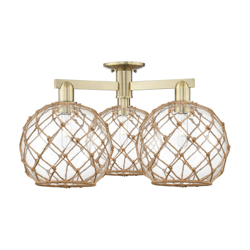 Innovations Farmhouse Rope 28in 3-Light Semi-Flush Mount | Industrial Antique Brass Steel and Clear Glass with Brown Rope | Model 716-3F-AB-G122-10RB