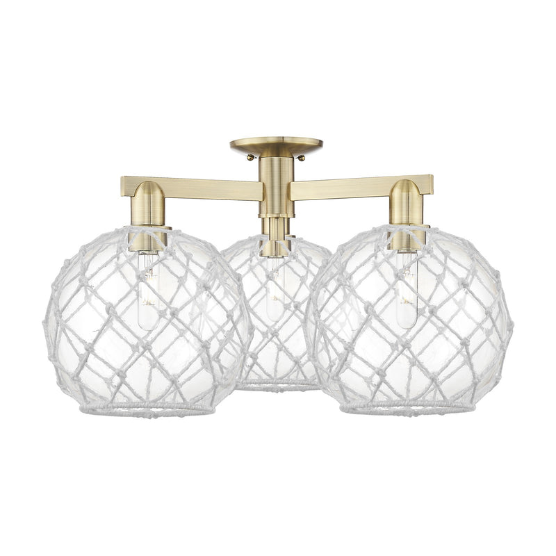 Innovations Farmhouse Rope 28in 3-Light Semi-Flush Mount | Industrial Antique Brass Steel and Clear Glass with White Rope | Model 716-3F-AB-G122-10RW