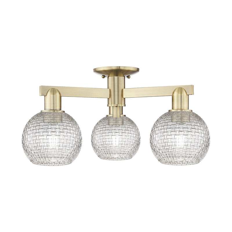 Innovations Athens 23in 3-Light Semi-Flush Mount | Industrial Antique Brass Steel and Clear Basket Weave Glass | Kitchen & | Model 716-3F-AB-G122C-6CL