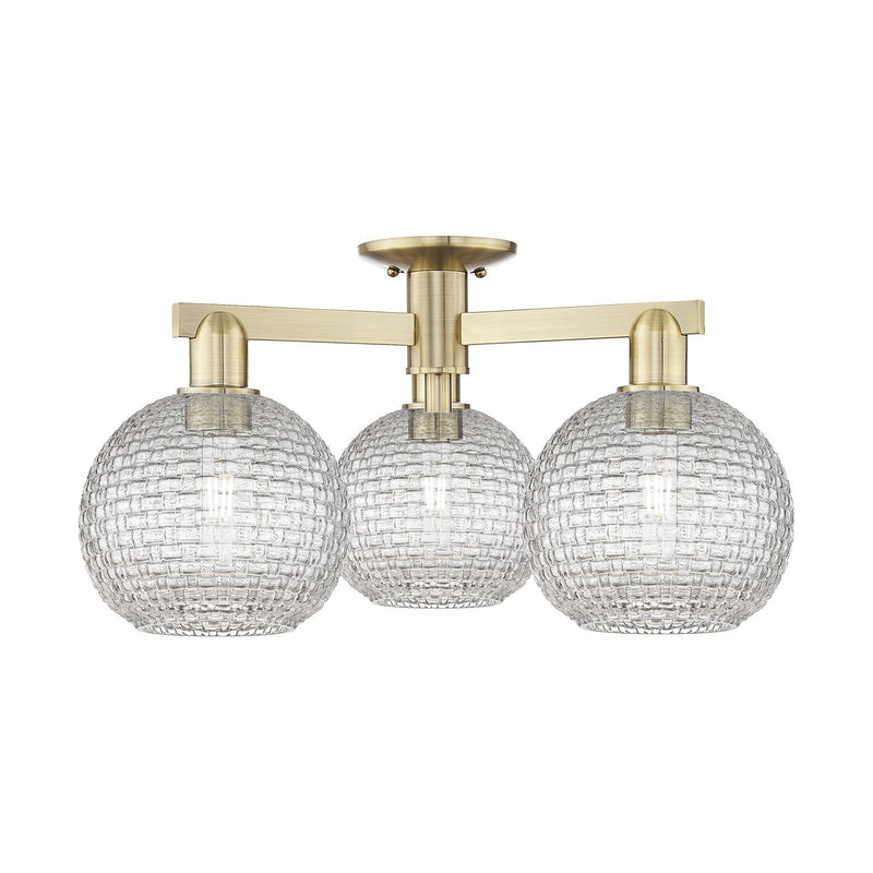 Innovations Athens 26in 3-Light Semi-Flush Mount | Industrial Antique Brass and Clear Basket Weave Glass | Entryway & Hallway | Model 716-3F-AB-G122C-8CL