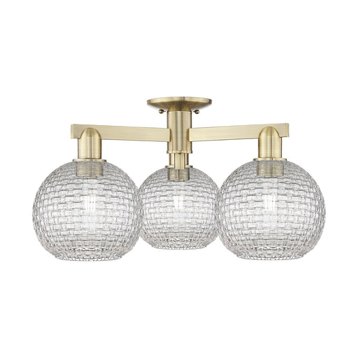 Innovations Athens 26in 3-Light Semi-Flush Mount | Industrial Antique Brass and Clear Basket Weave Glass | Entryway & Hallway | Model 716-3F-AB-G122C-8CL