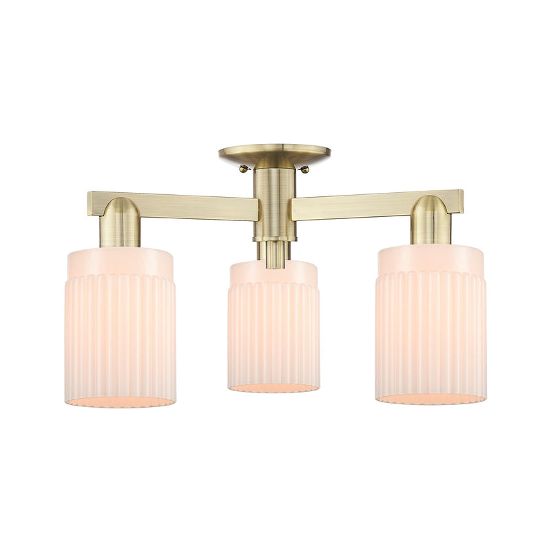 Innovations Hadley 22in 3-Light Semi-Flush Mount | Industrial Antique Brass Steel and Matte White Ribbed Glass | Damp Location | Model 716-3F-AB-G341