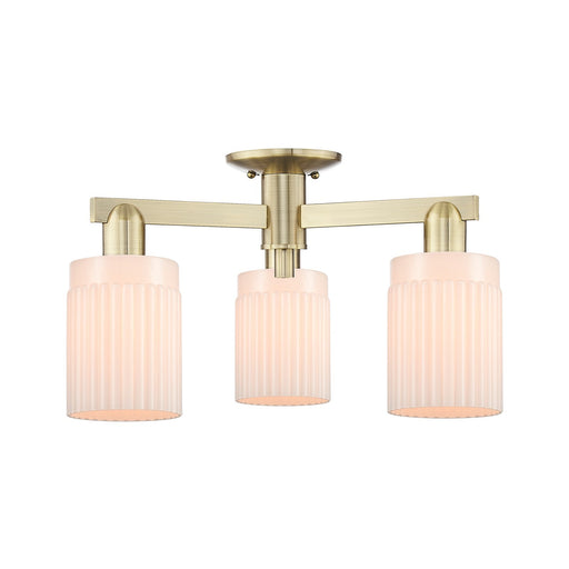 Innovations Hadley 22in 3-Light Semi-Flush Mount | Industrial Antique Brass Steel and Matte White Ribbed Glass | Damp Location | Model 716-3F-AB-G341