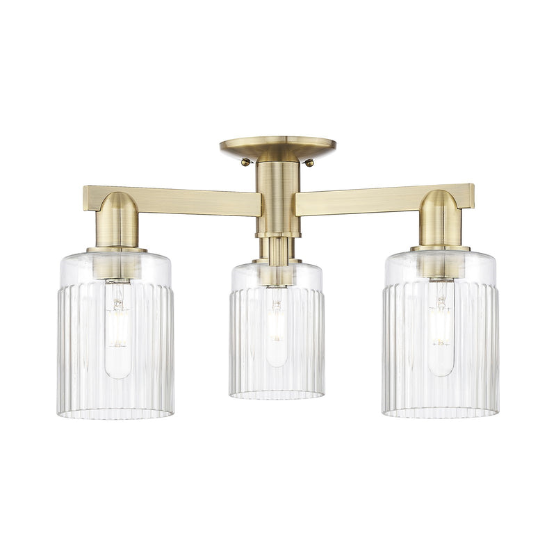 Innovations Hadley 22in 3-Light Semi-Flush Mount | Industrial Antique Brass Steel and Clear Ribbed Glass | Entryway & Hallway | 22 | Model 716-3F-AB-G342