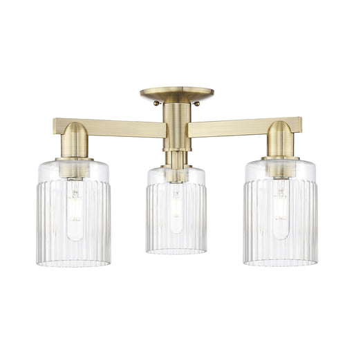 Innovations Hadley 22in 3-Light Semi-Flush Mount | Industrial Antique Brass Steel and Clear Ribbed Glass | Entryway & Hallway | 22 | Model 716-3F-AB-G342