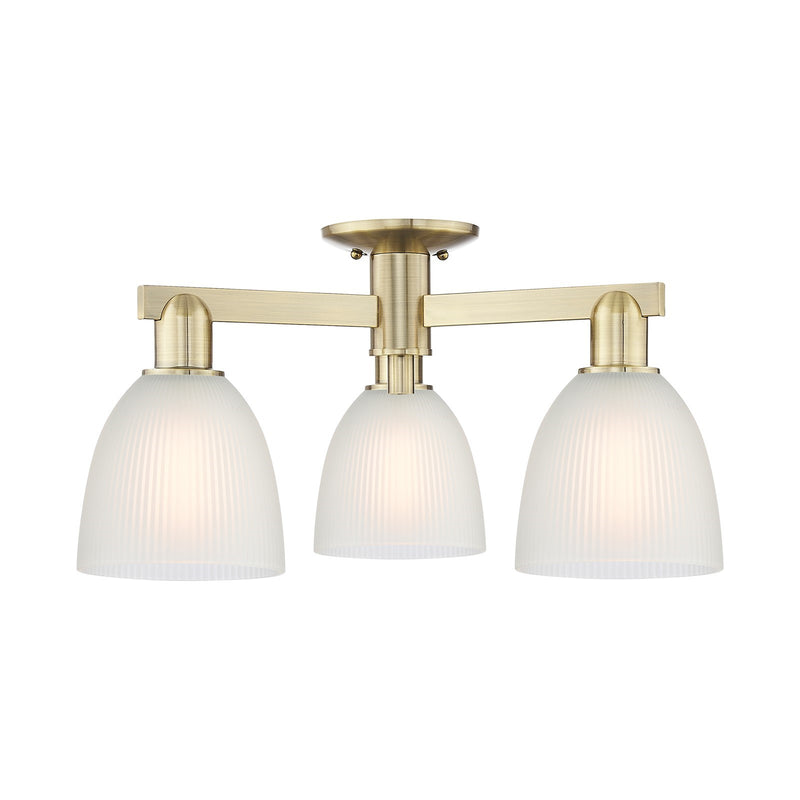 Innovations Castile 24in 3-Light Semi-Flush Mount | Industrial Antique Brass and White Glass | Kitchen & Hallway | 23.5 x 10.88 in | Model 716-3F-AB-G381