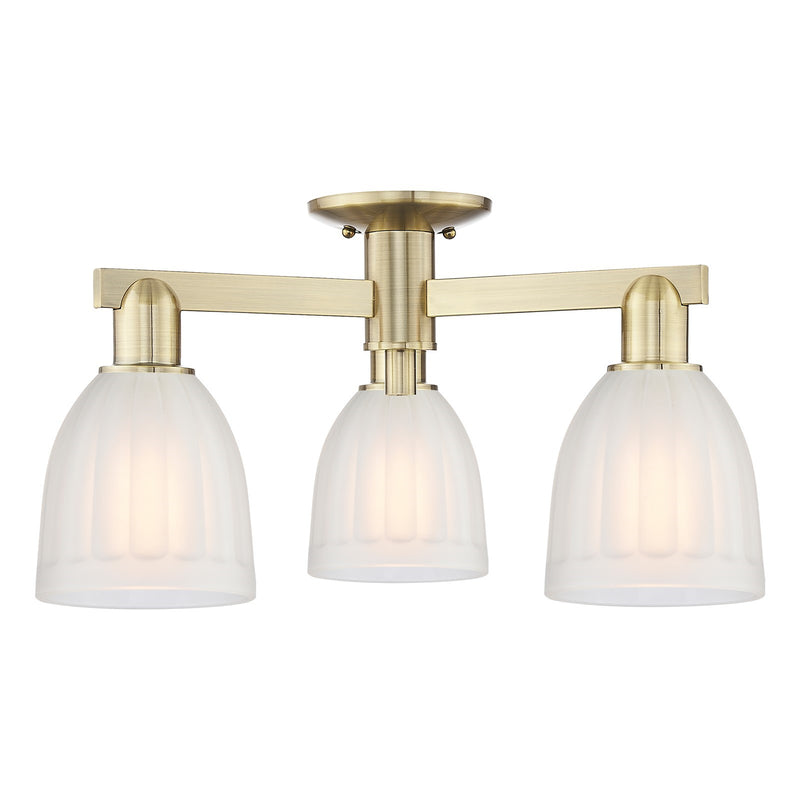 Innovations Brookfield 23in 3-Light Semi-Flush Mount | Industrial Antique Brass and White Frosted Ribbed Glass | Kitchen & Hallway | Model 716-3F-AB-G441