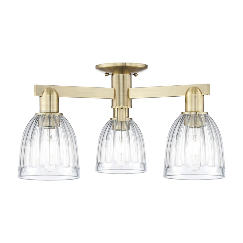 Innovations Brookfield 23in 3-Light Semi-Flush Mount | Industrial Antique Brass and Clear Ribbed Glass | Entryway & Hallway | 23 x | Model 716-3F-AB-G442