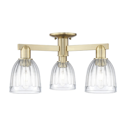 Innovations Brookfield 23in 3-Light Semi-Flush Mount | Industrial Antique Brass and Clear Ribbed Glass | Entryway & Hallway | 23 x | Model 716-3F-AB-G442
