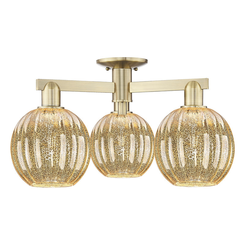 Innovations Preston Globe 24.5in 3-Light Semi-Flush Mount | Industrial Antique Brass Steel and Mercury Glass | Living Room & | Model 716-3F-AB-G458-7ME