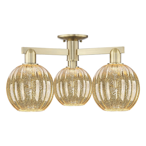 Innovations Preston Globe 24.5in 3-Light Semi-Flush Mount | Industrial Antique Brass Steel and Mercury Glass | Living Room & | Model 716-3F-AB-G458-7ME