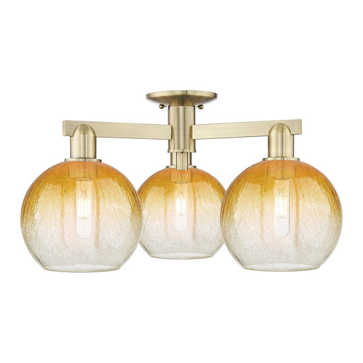 Innovations Brookhaven Globe 25.5in 3-Light Semi-Flush Mount | Industrial Antique Brass and Amber Glass | Entryway & Hallway | Model 716-3F-AB-G483-8AM